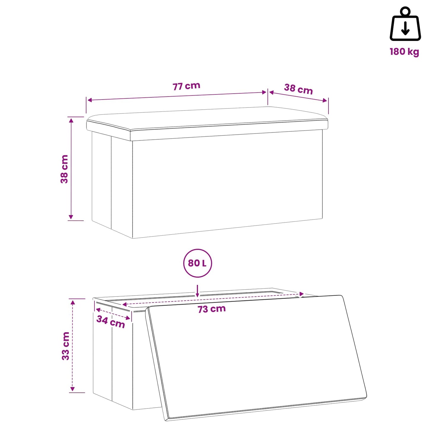 Foldable Storage Bench Grey 180 kg 80 L 77 x 38 x 38 cm PVC