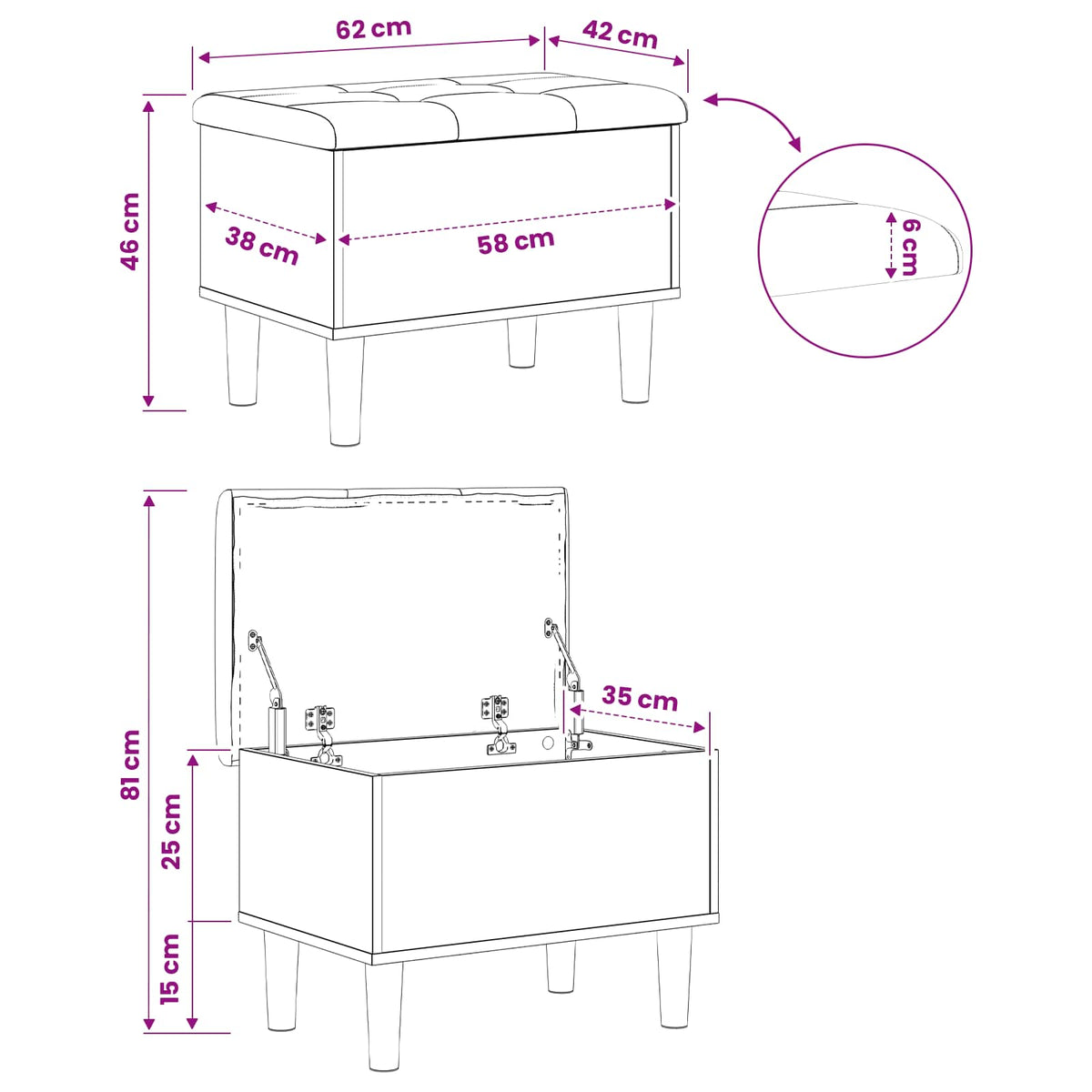 Storage Bench with Cushion Oak Wood 62 x 42 x 46 cm