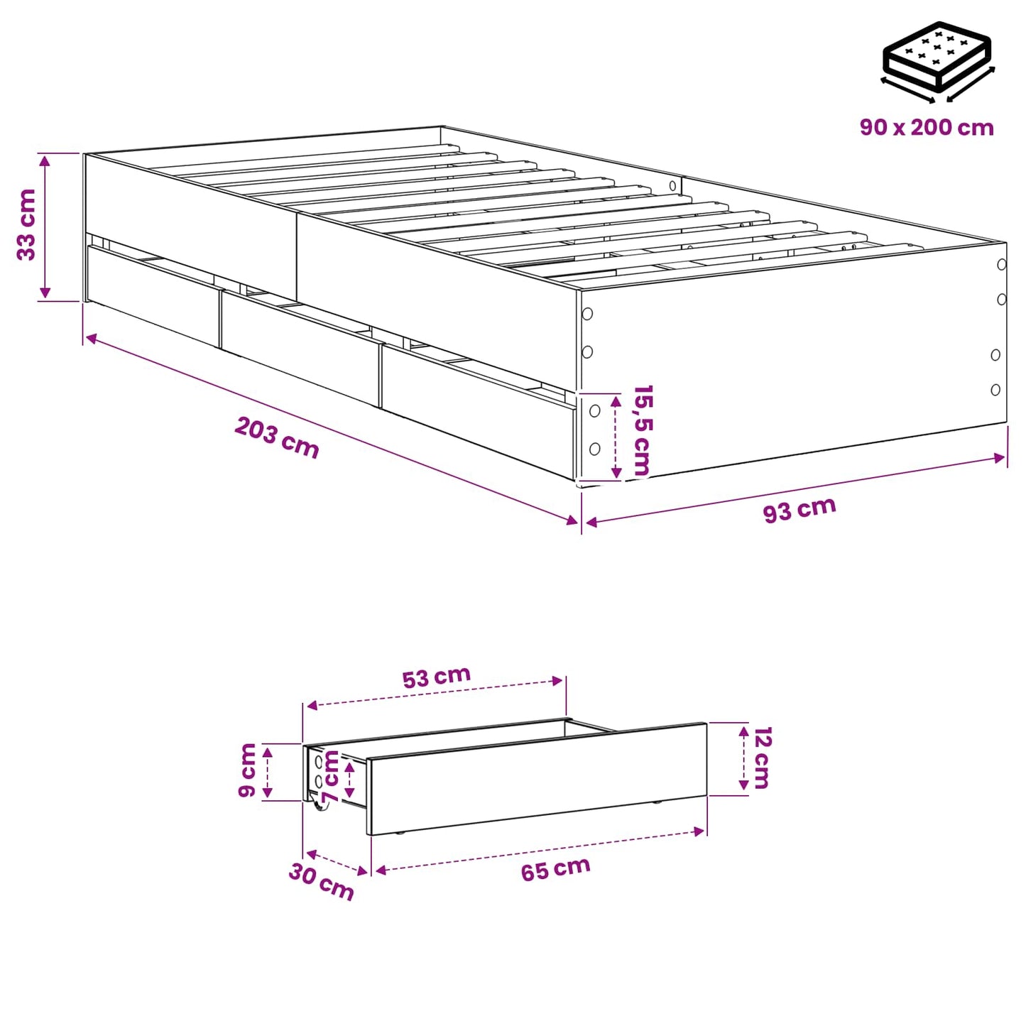 Bed Frame with Storage Artisan Oak 90 x 200 cm Engineered wood