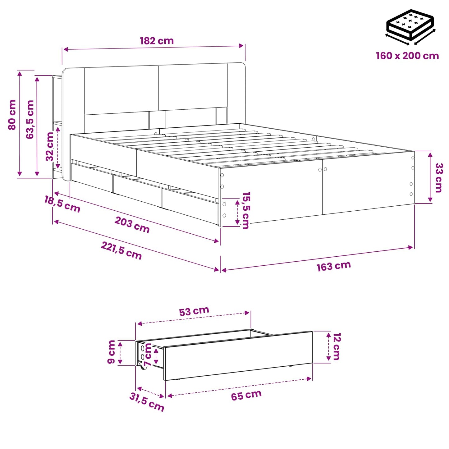 Bed Frame with Storage and Headboard Artisan Oak 160 x 200 cm
