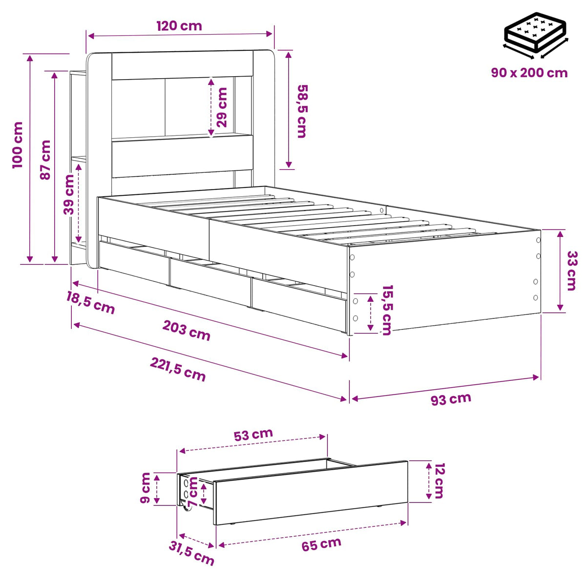 Bed Frame with Storage and Headboard Artisan Oak 90 x 200 cm