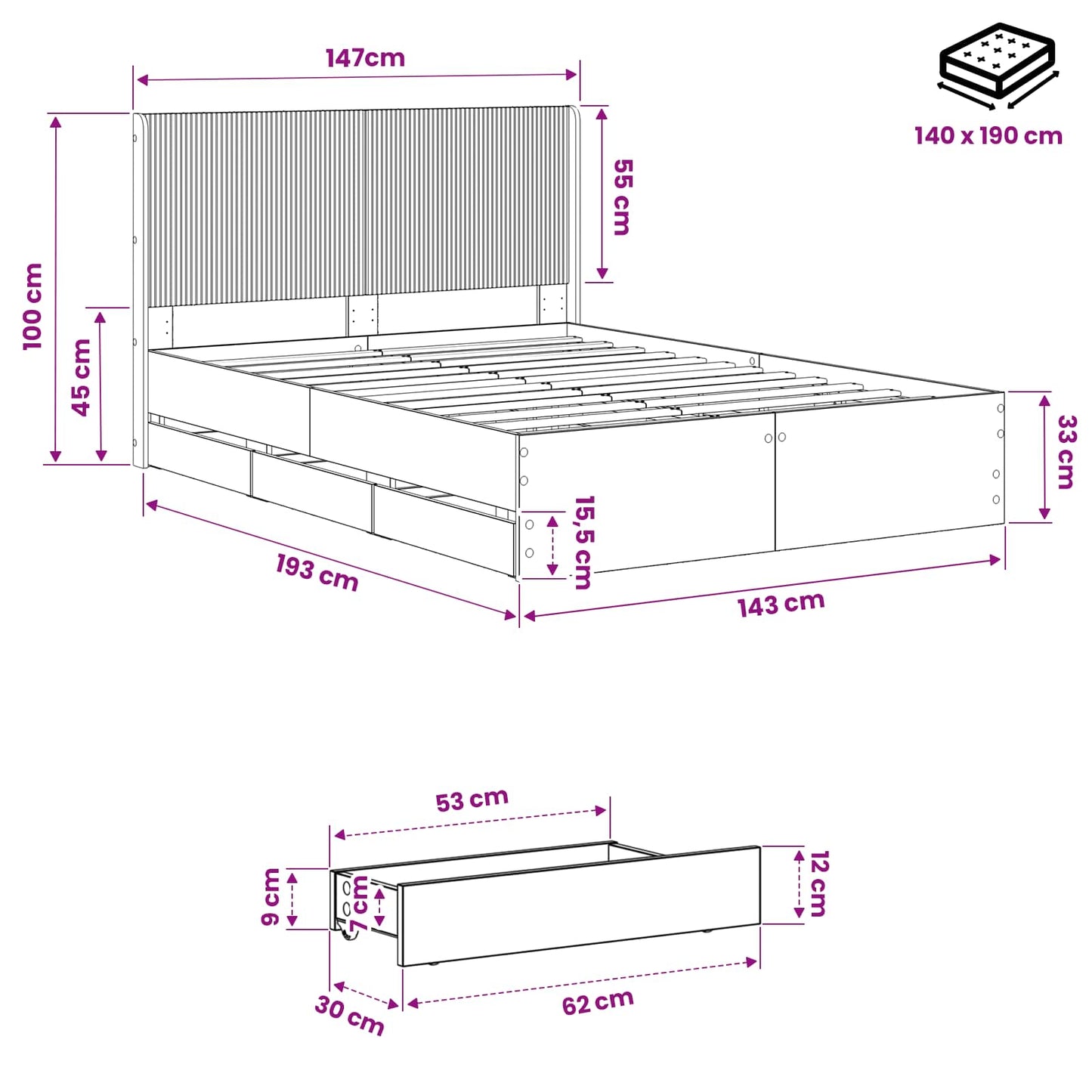 Bed Frame with Storage and Headboard Artisan Oak 140 x 190 cm