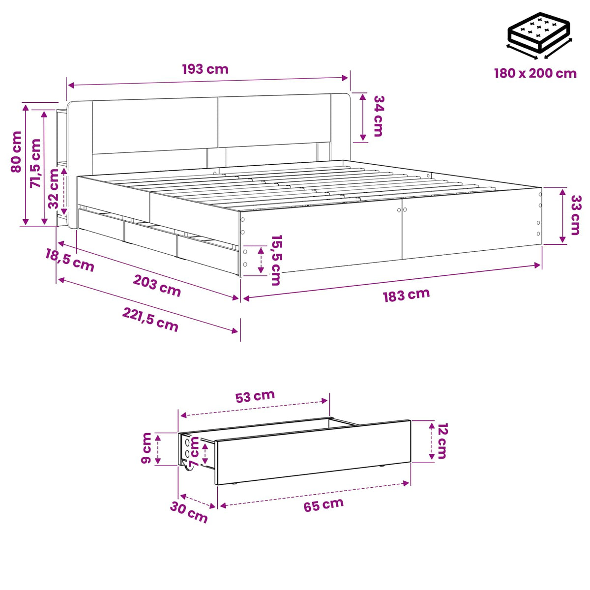 Bed Frame with Storage and Headboard Artisan Oak 180 x 200 cm