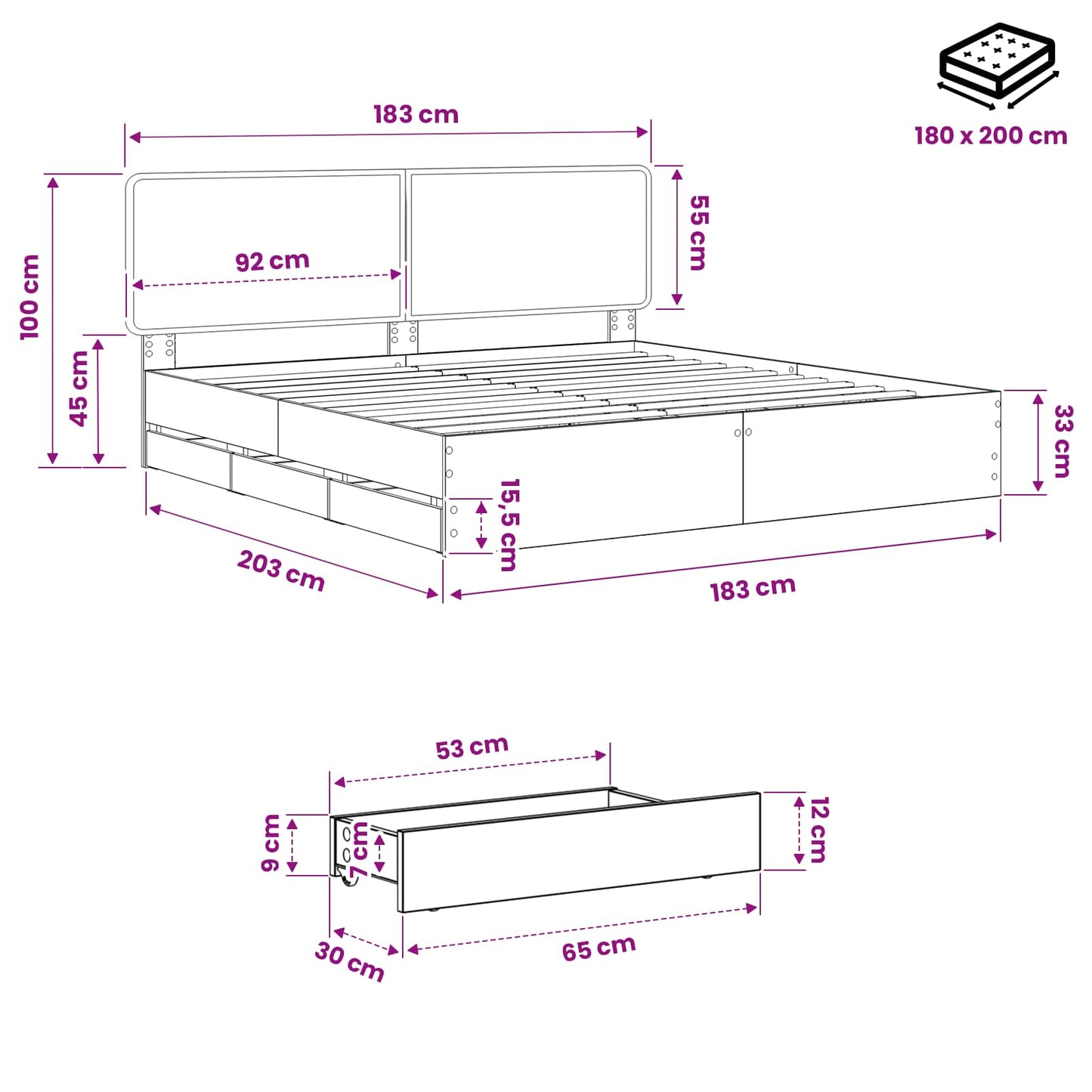 Bed Frame with Storage and Headboard Artisan Oak 180 x 200 cm