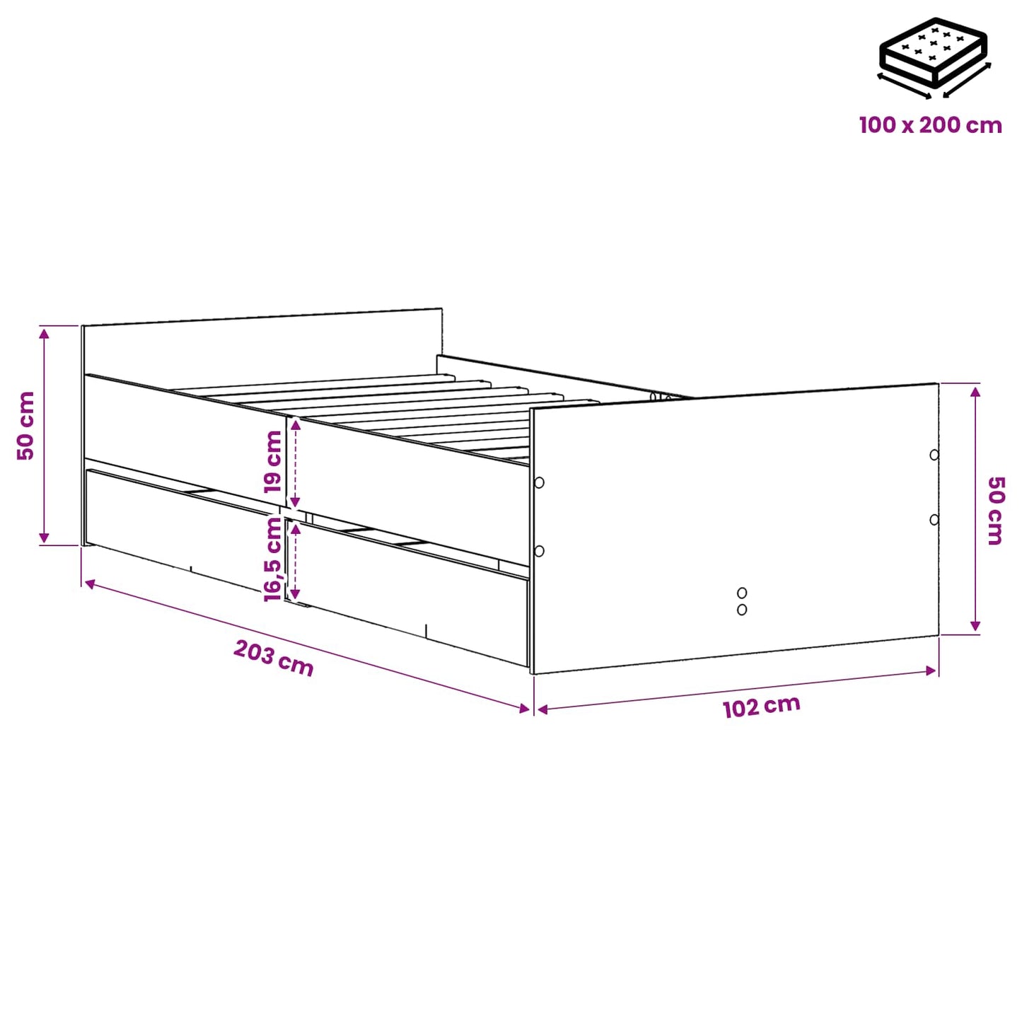 Bed Frame Black Oak 100 x 200 cm Engineered Wood