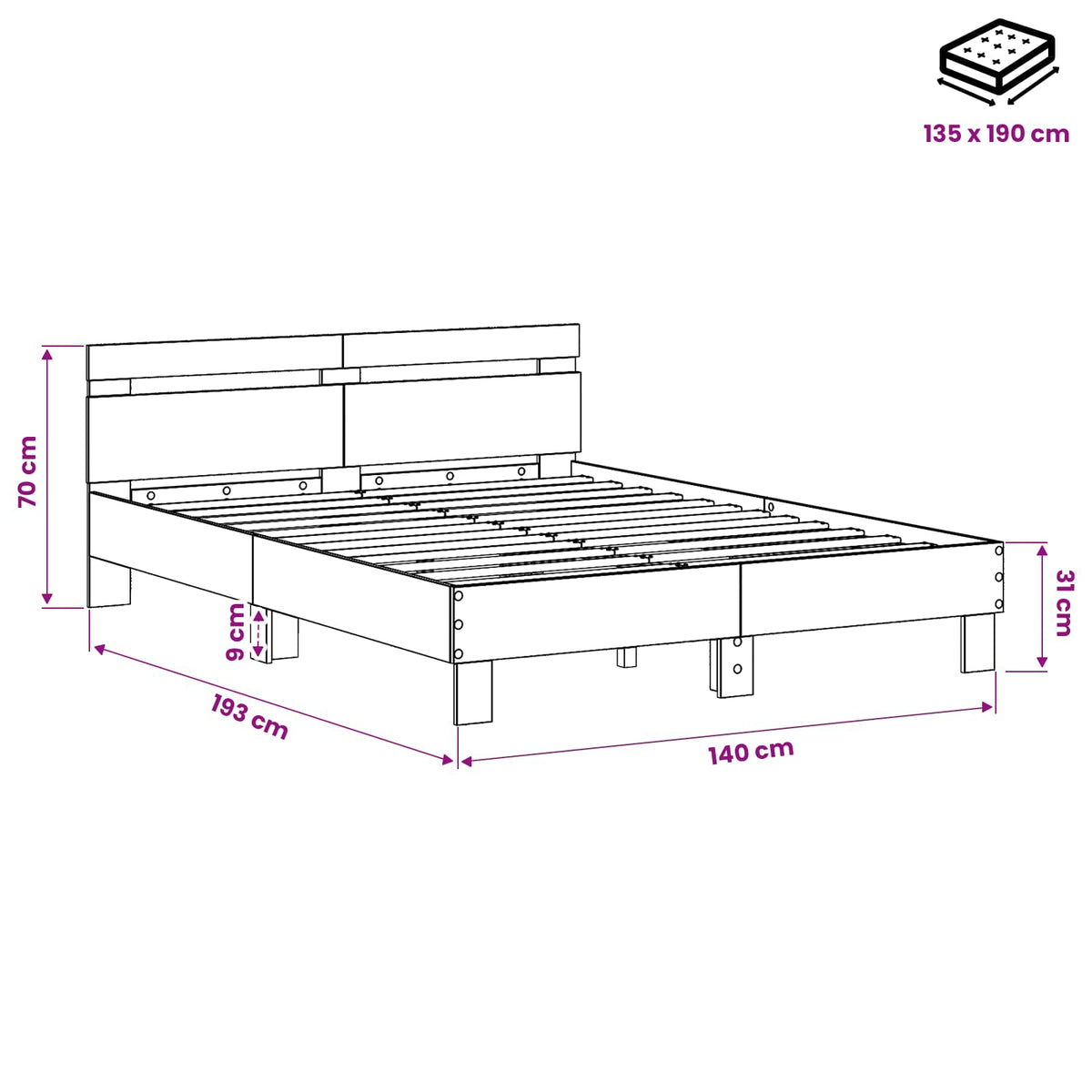 Bed Frame Black Oak 135 x 190 cm Engineered Wood