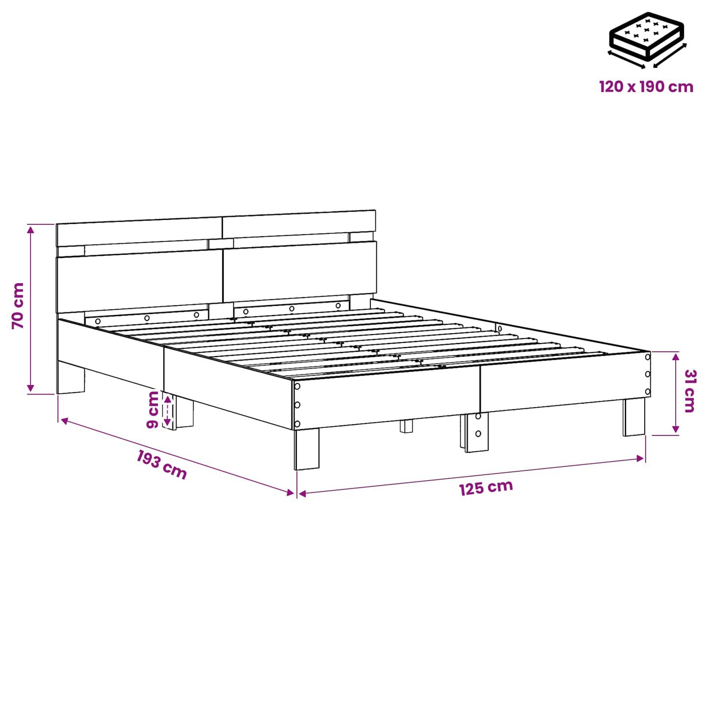 Bed Frame Black Oak 120 x 190 cm Engineered Wood