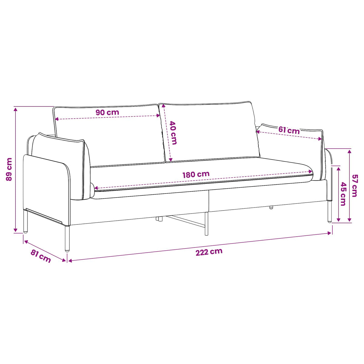3-Seater Sofa Dark Grey 222 x 81 x 89 cm Fabric
