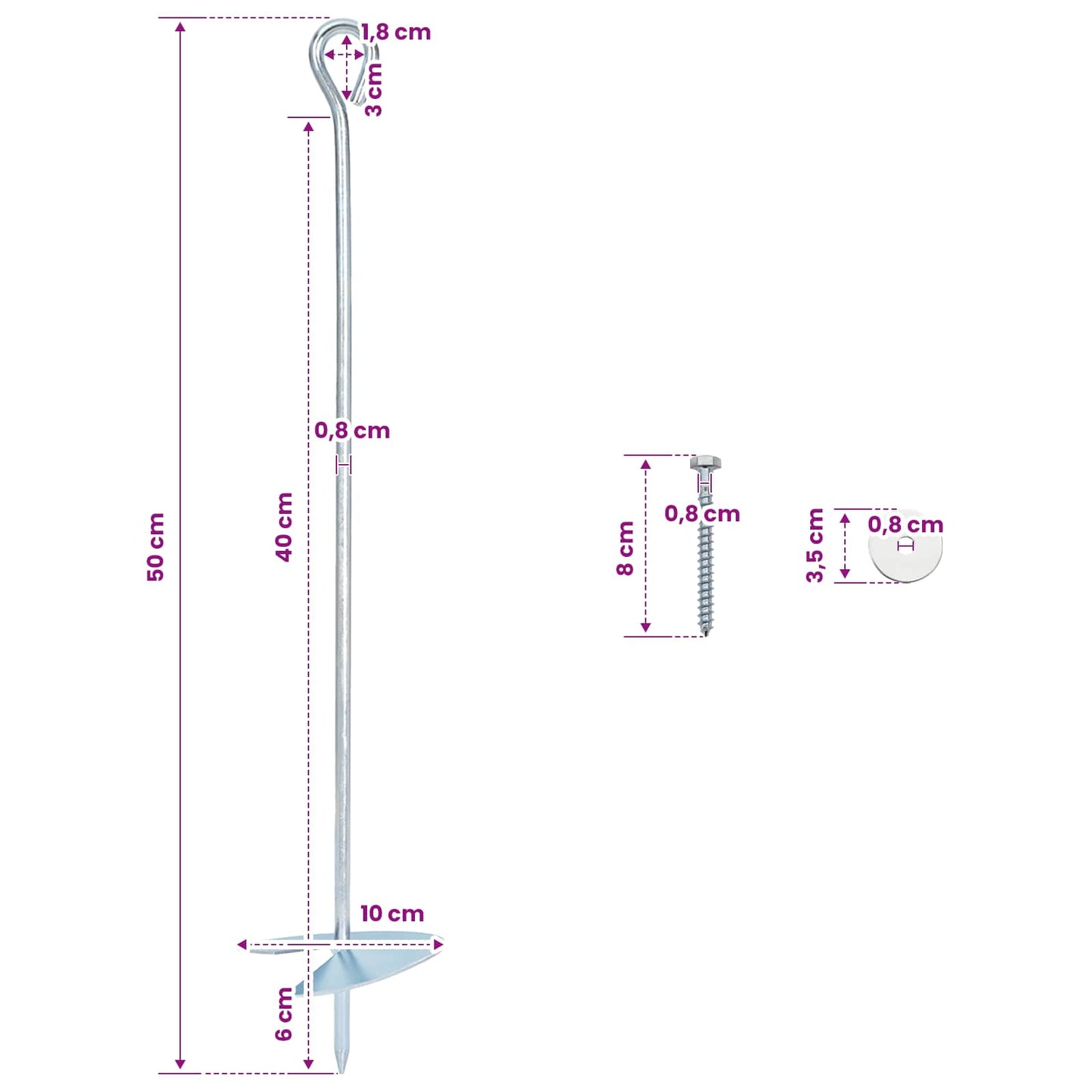 Earth anchor 2 pcs Ø10 x 50 cm Galvanized Metal Silver