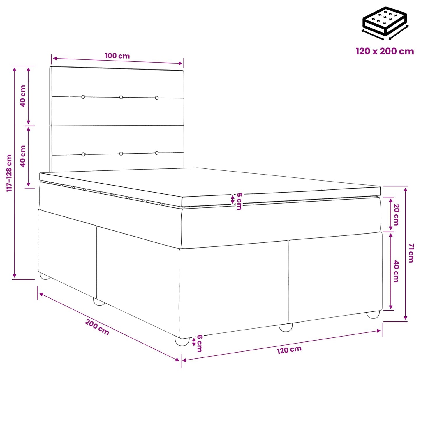 LED Box Spring Bed with Mattress Pink 120 x 200 cm Velvet