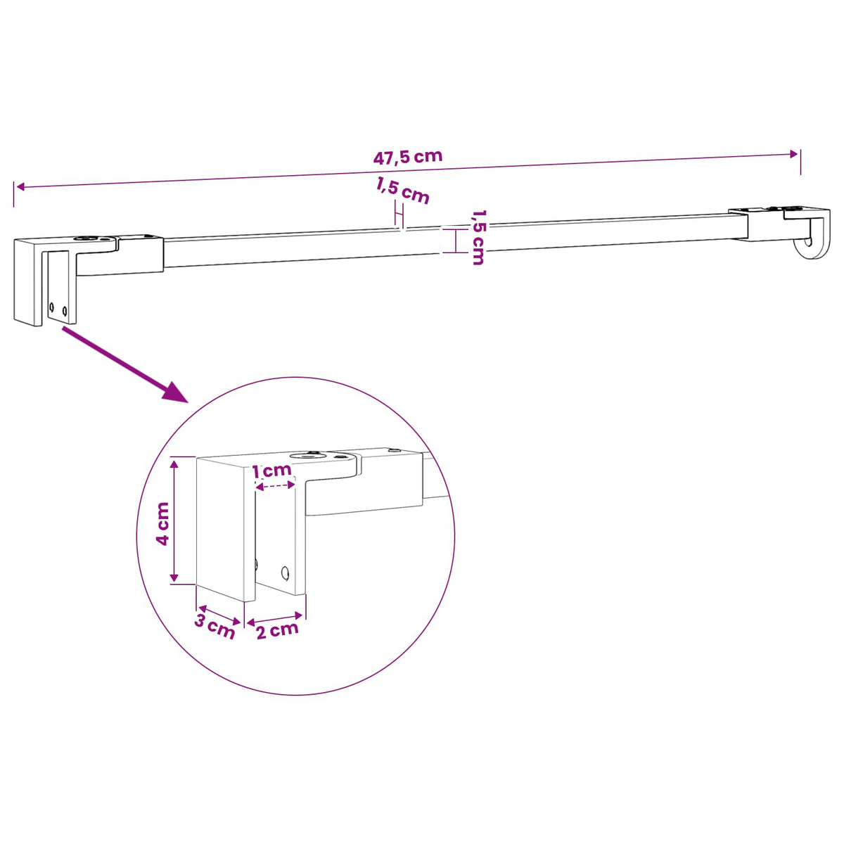 Shower Door Support Bar 47.5 cm for 68/ mm Glass Black