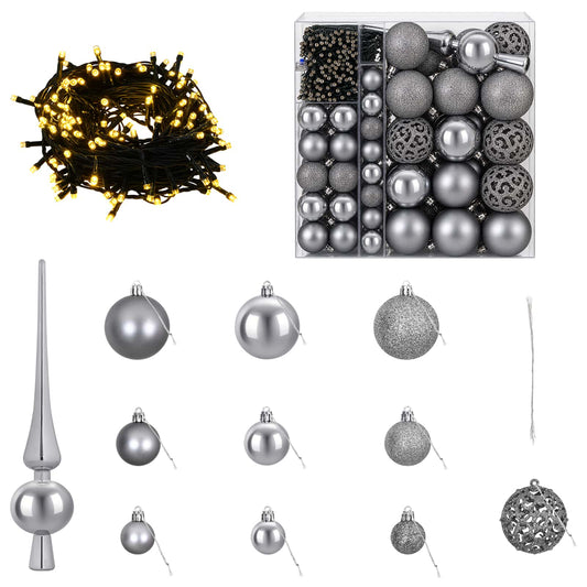 Christmas Bauble Set 120 pcs Grey Dia. 6 cm Plastic 300 LEDs