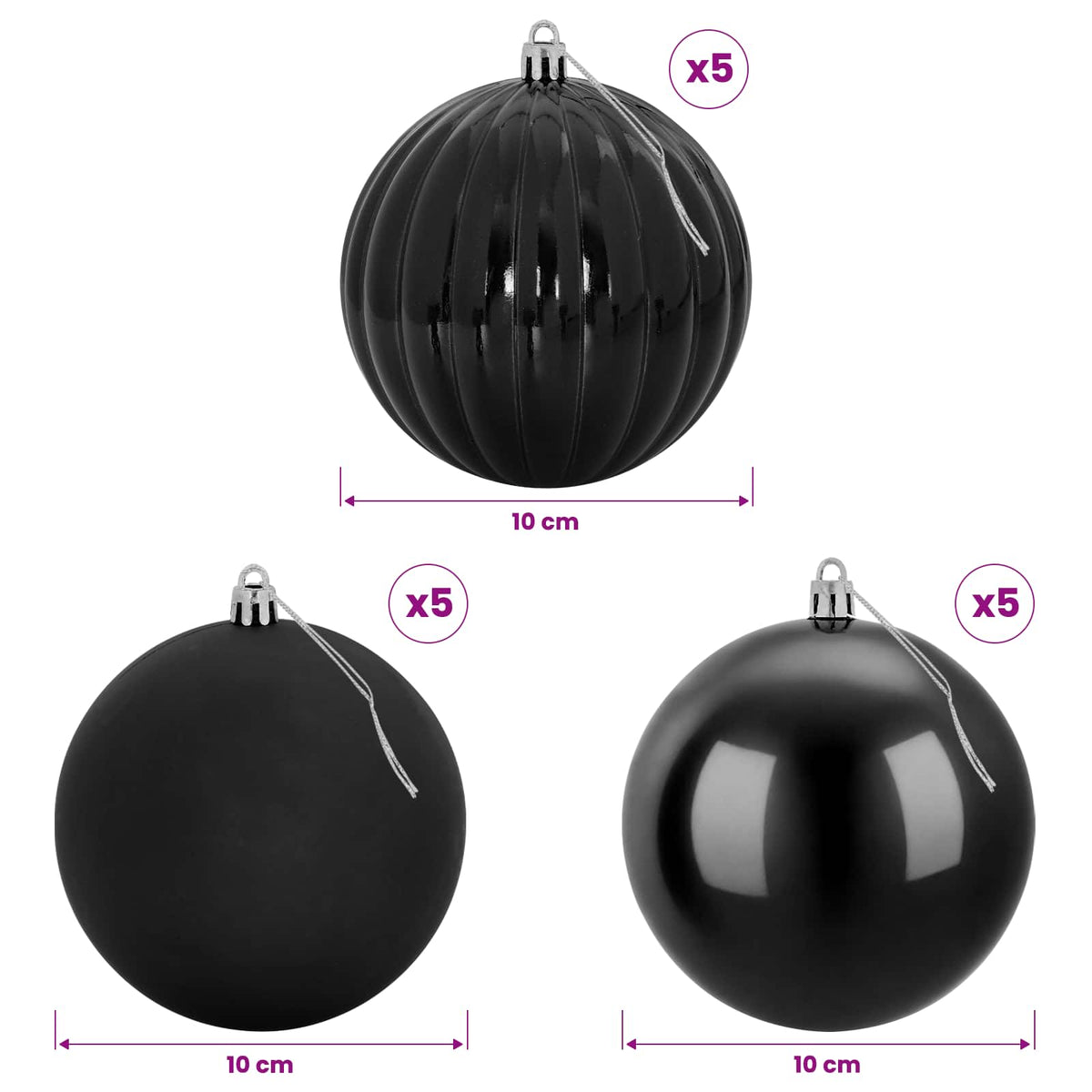 Christmas Ball Set XL 15 pcs Black Dia. 10 cm Plastic