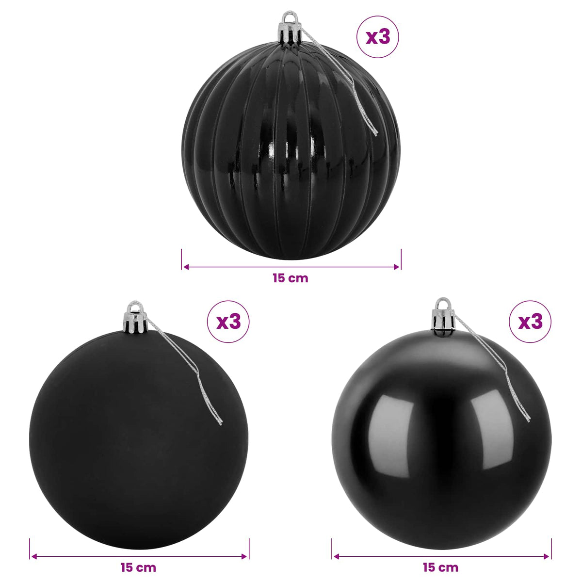 Christmas Ball Set XL 9 pcs Black Dia. 15 cm Plastic