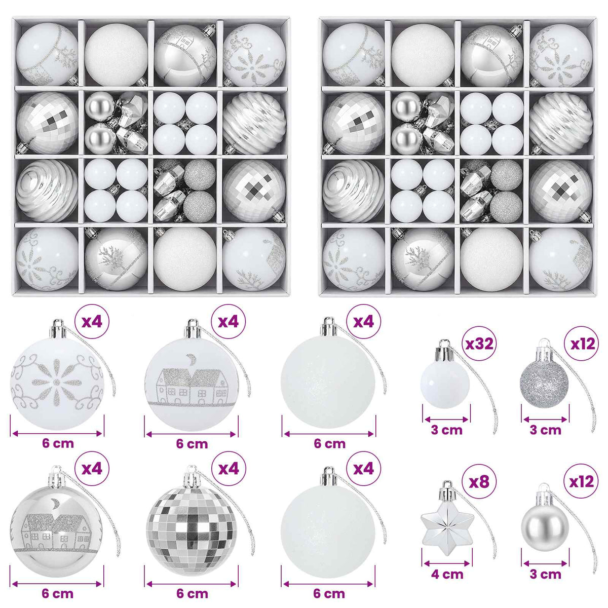 Christmas Ball Set 88 pcs Silver and White Ø 6 cm Plastic