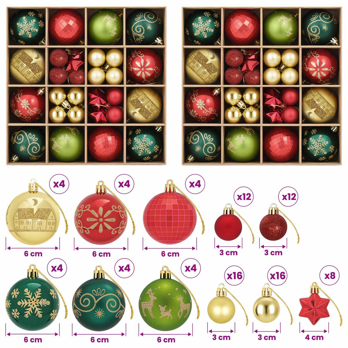 Christmas Ball Set 88 pcs Red, Gold and Green Ø 6 cm Plastic