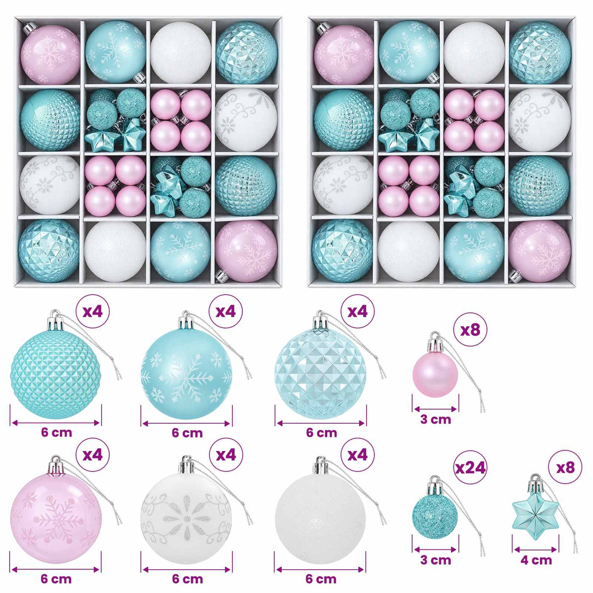 Christmas Ball Set 88 pcs Turquoise, Pink and White Ø 6 cm
