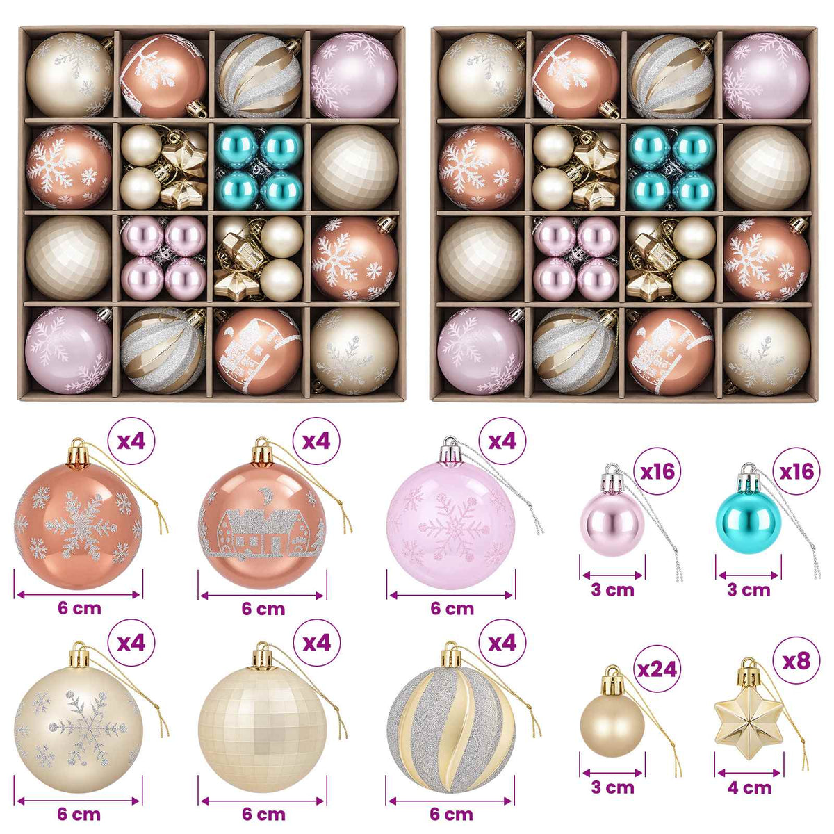 Christmas Ball Set 88 pcs Pink, Gold, Brown and Turquoise