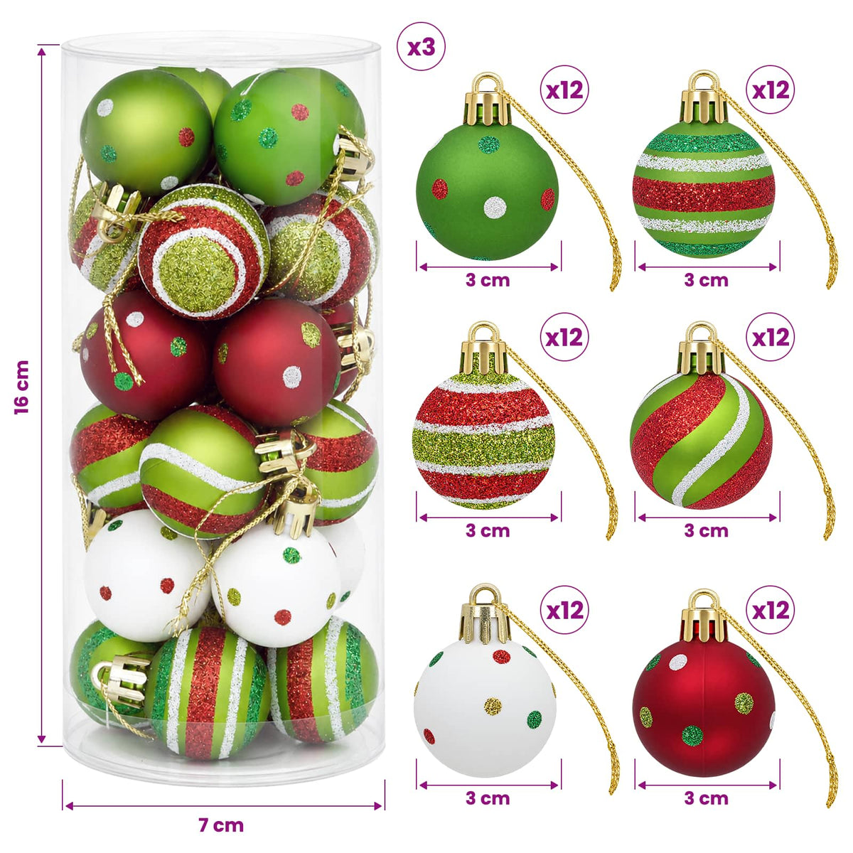 Christmas Ball Set 72 pcs Light Green, White and Red Ø 3 cm