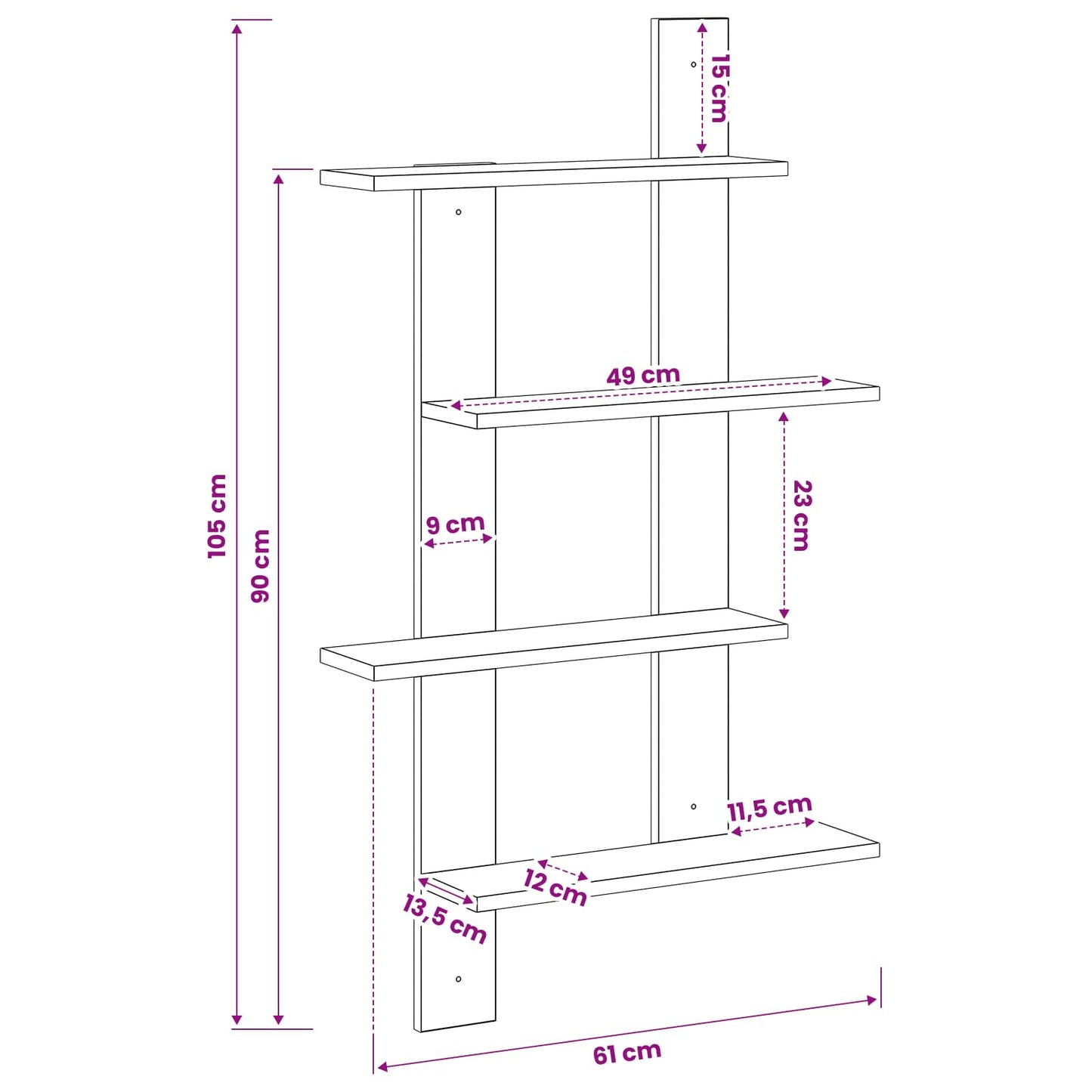 Wall Shelf Black Oak 61 x 13.5 x 105 cm Engineered Wood