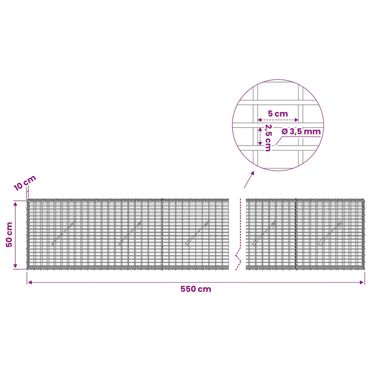 Gabion with 3.5 mm Wire and 5x2.5 cm Mesh 550x10x50 cm
