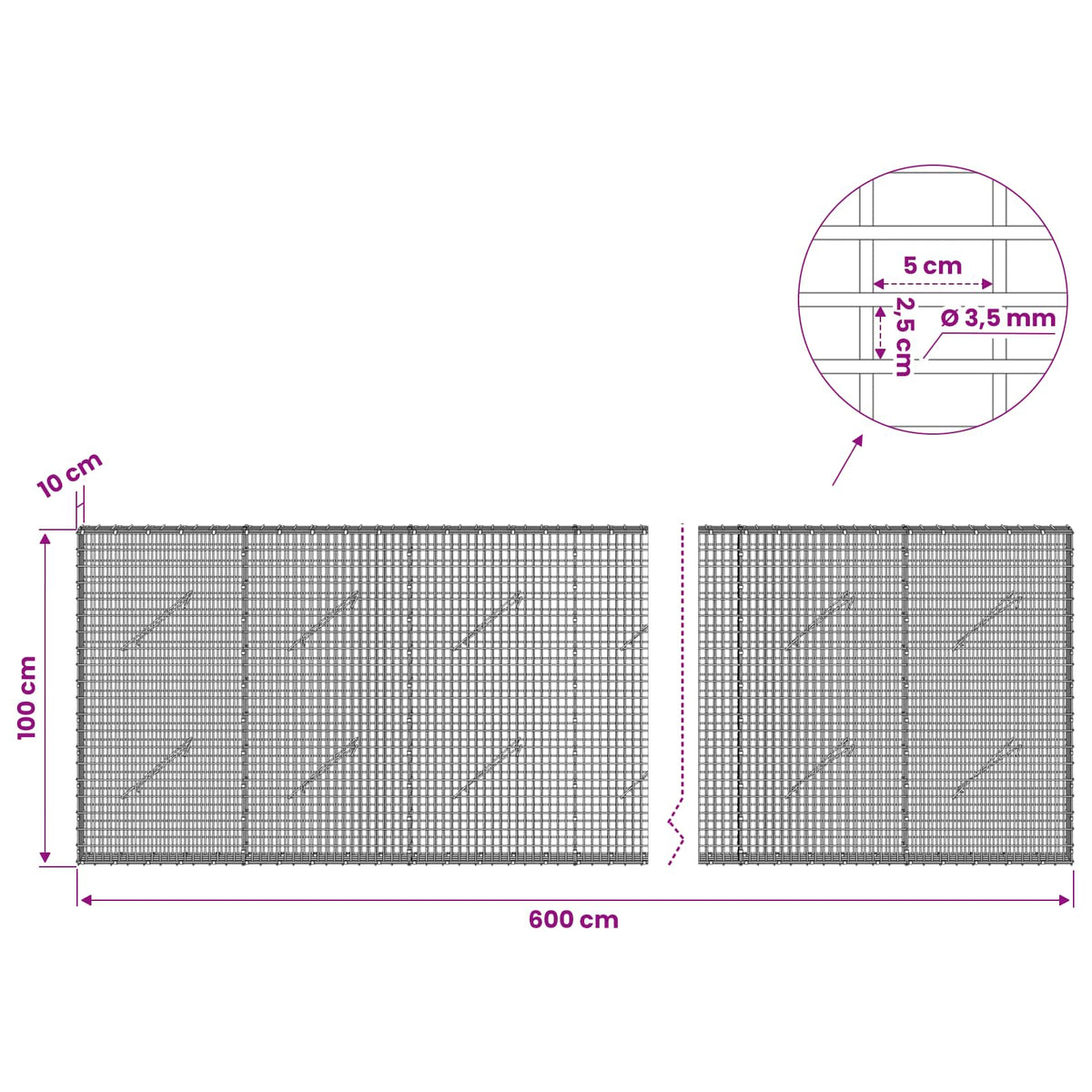 Gabion with 3.5 mm Wire and 5x2.5 cm Mesh 600x10x100 cm