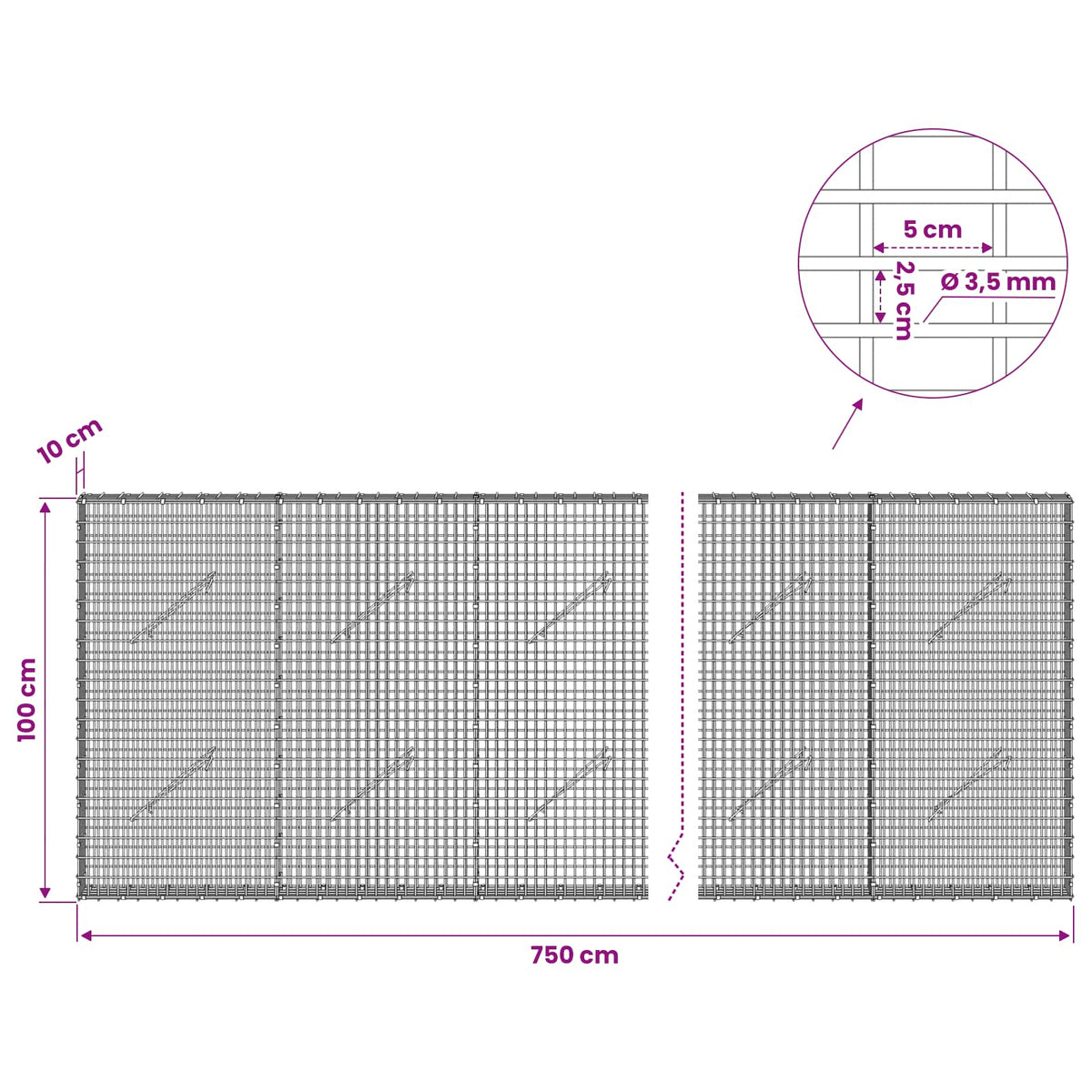 Gabion with 3.5 mm Wire and 5x2.5 cm Mesh 750x10x100 cm