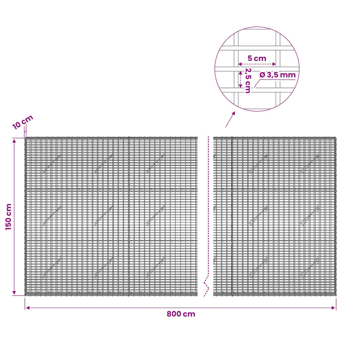 Gabion with 3.5 mm Wire and 5x2.5 cm Mesh 800x10x150 cm