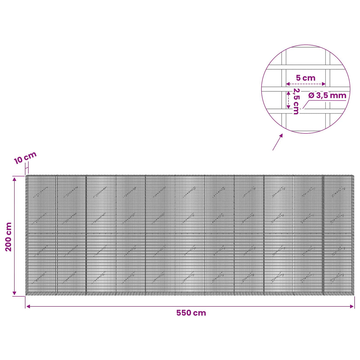 Gabion with 3.5 mm Wire and 5x2.5 cm Mesh 550x10x200 cm