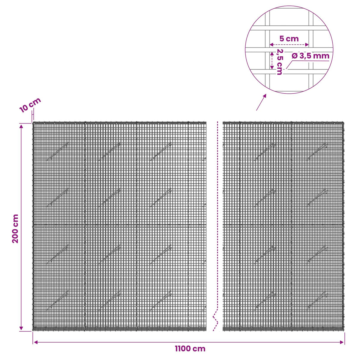 Gabion with 3.5 mm Wire and 5x2.5 cm Mesh 1100x10x200 cm