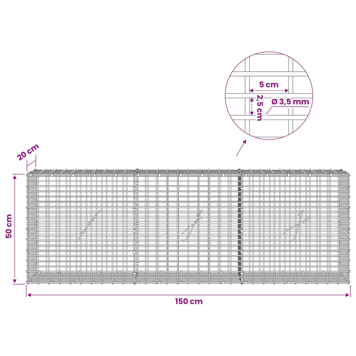Gabion with 3.5 mm Wire and 5x2.5 cm Mesh 150x20x50 cm