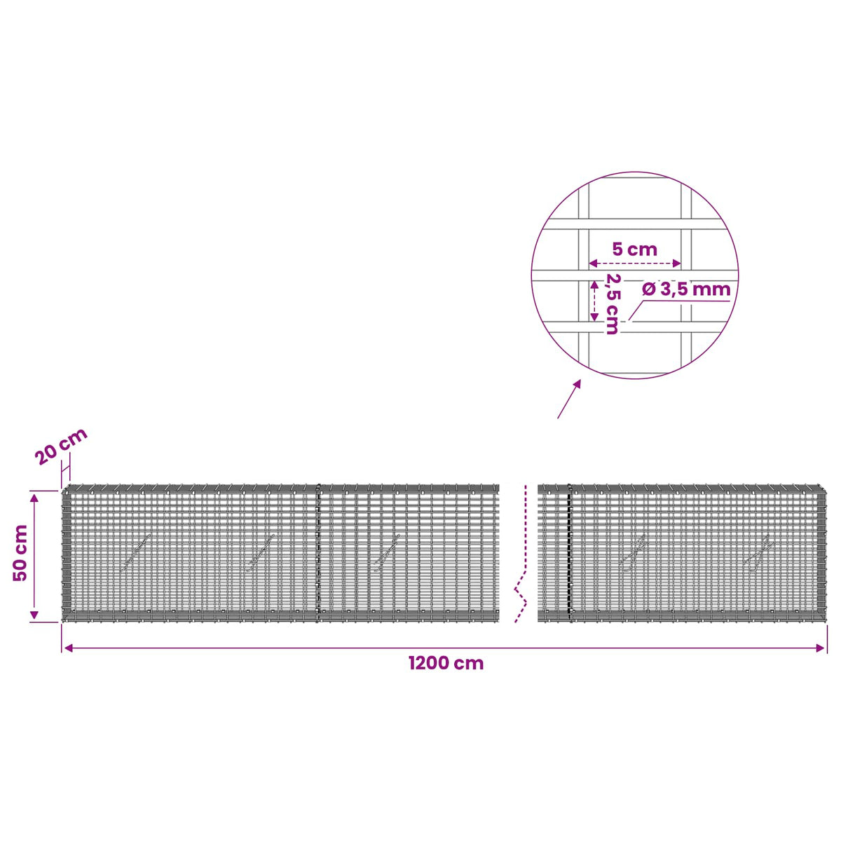 Gabion with 3.5 mm Wire and 5x2.5 cm Mesh 1200x20x50 cm