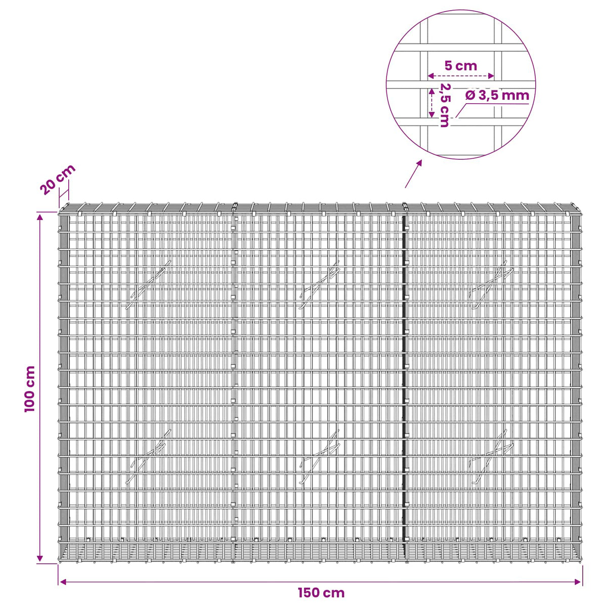 Gabion with 3.5 mm Wire and 5x2.5 cm Mesh 150x20x100 cm
