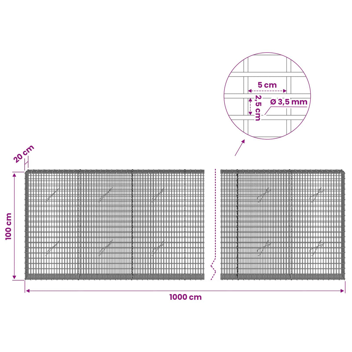 Gabion with 3.5 mm Wire and 5x2.5 cm Mesh 1000x20x100 cm