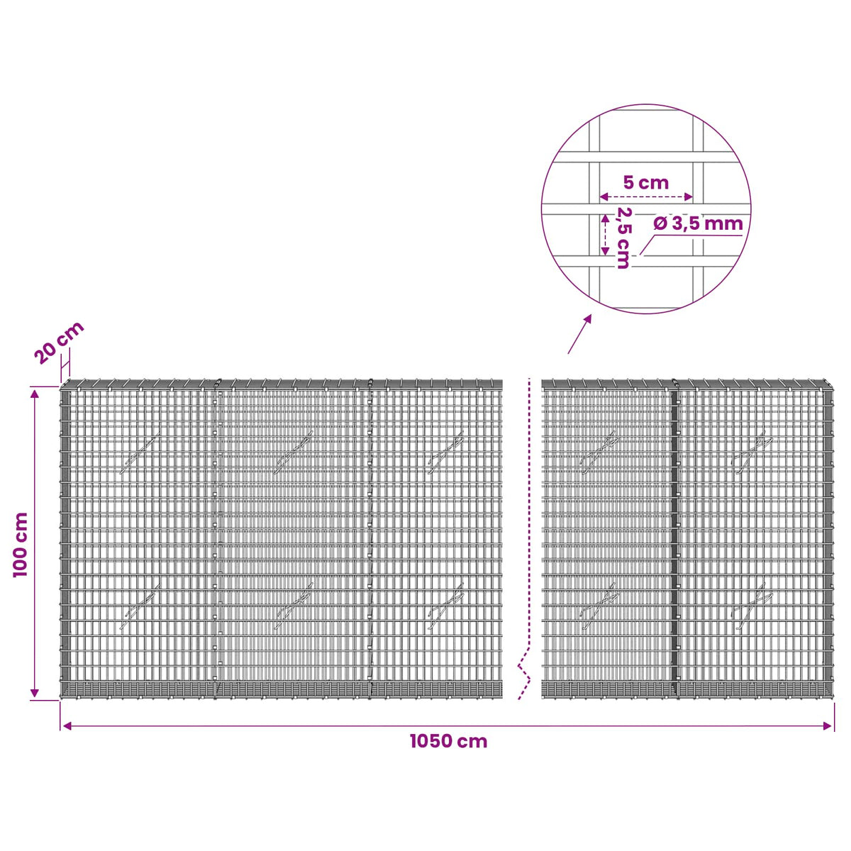Gabion with 3.5 mm Wire and 5x2.5 cm Mesh 1050x20x100 cm