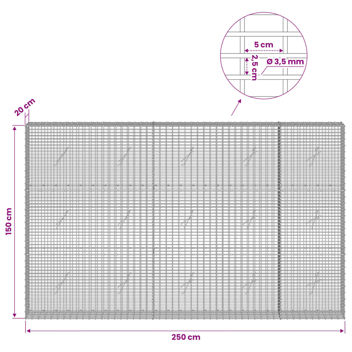 Gabion with 3.5 mm Wire and 5x2.5 cm Mesh 250x20x150 cm