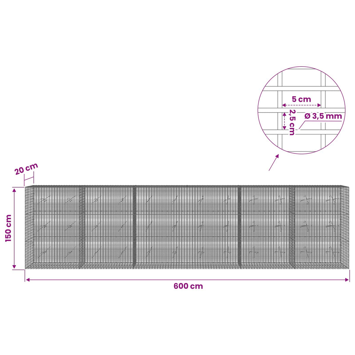 Gabion with 3.5 mm Wire and 5x2.5 cm Mesh 600x20x150 cm
