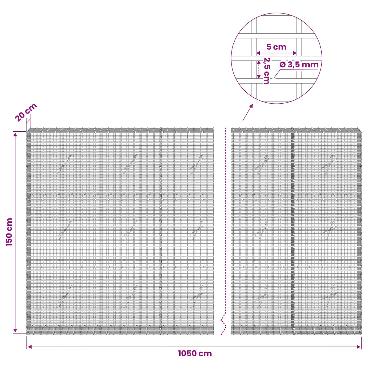 Gabion with 3.5 mm Wire and 5x2.5 cm Mesh 1050x20x150 cm