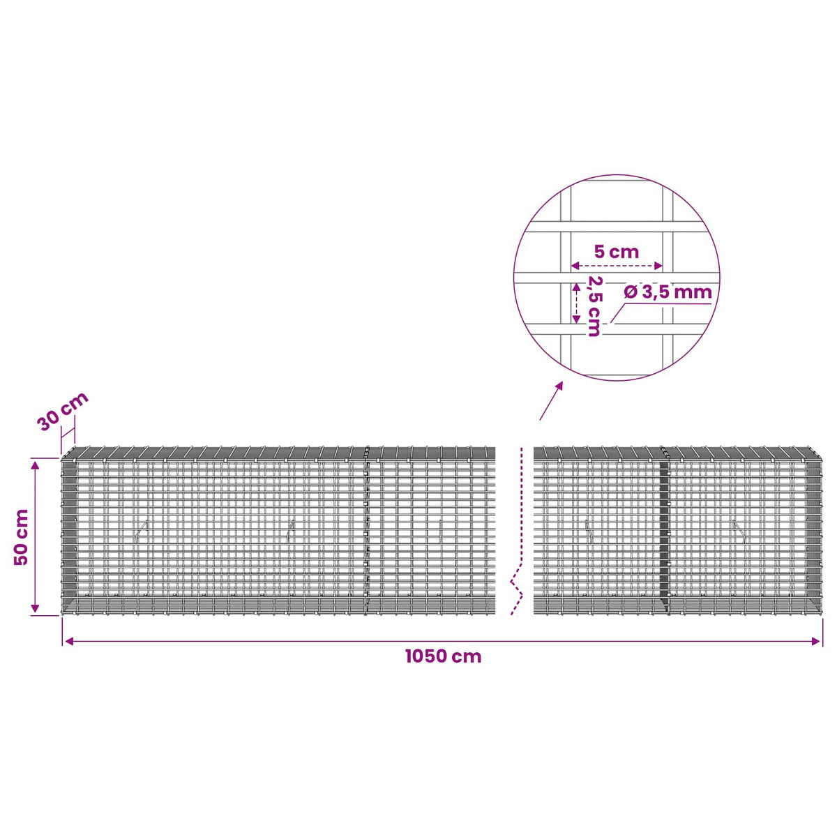 Gabion with 3.5 mm Wire and 5x2.5 cm Mesh 1050x30x50 cm
