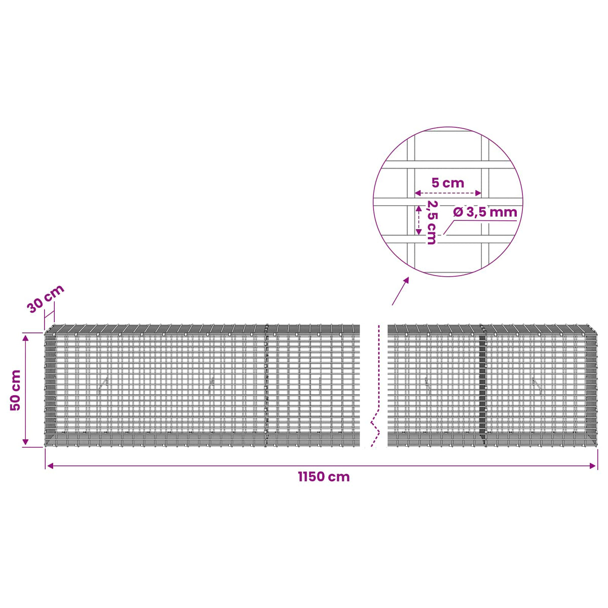 Gabion with 3.5 mm Wire and 5x2.5 cm Mesh 1150x30x50 cm