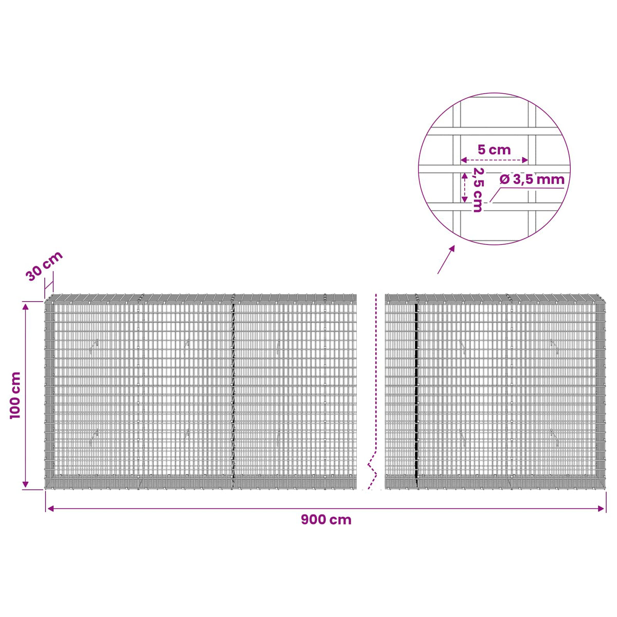 Gabion with 3.5 mm Wire and 5x2.5 cm Mesh 900x30x100 cm