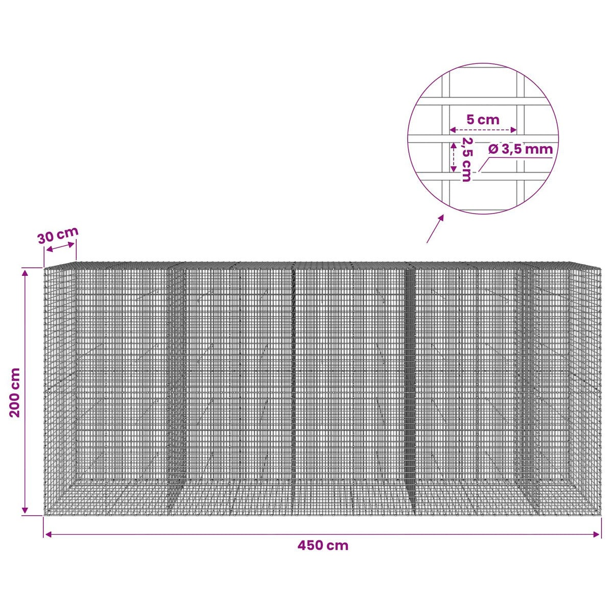 Gabion with 3.5 mm Wire and 5x2.5 cm Mesh 450x30x200 cm