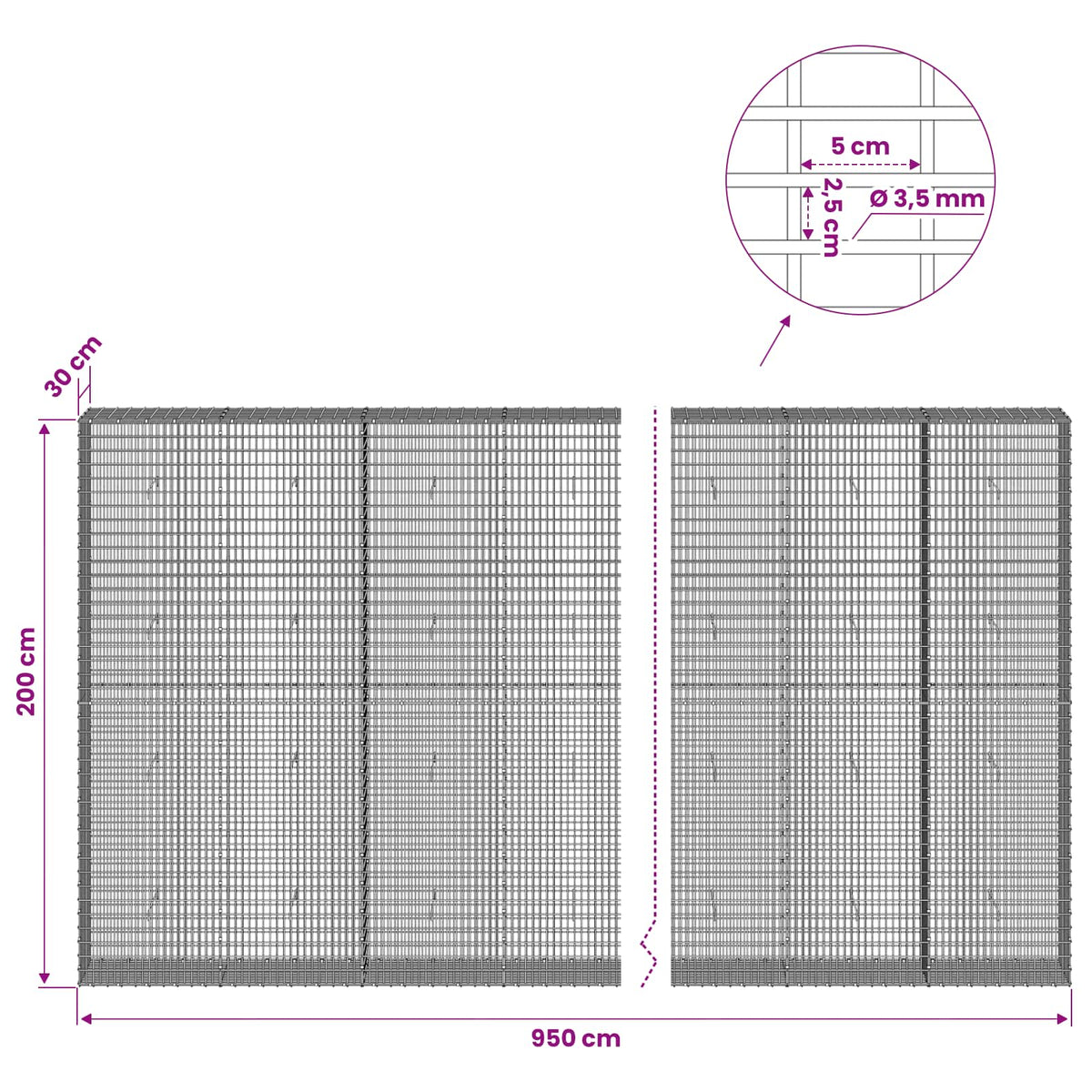 Gabion with 3.5 mm Wire and 5x2.5 cm Mesh 950x30x200 cm