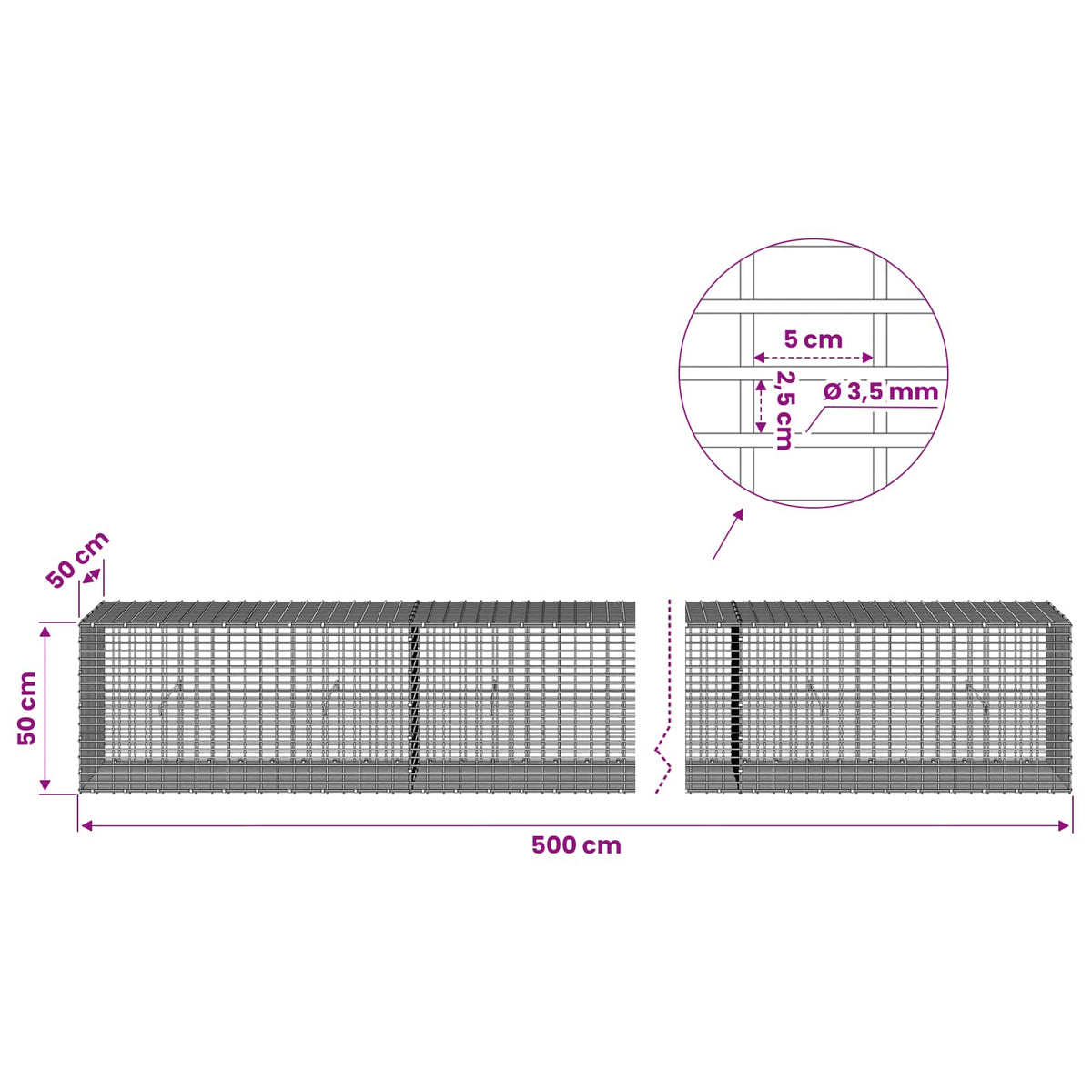 Gabion with 3.5 mm Wire and 5x2.5 cm Mesh 500x50x50 cm