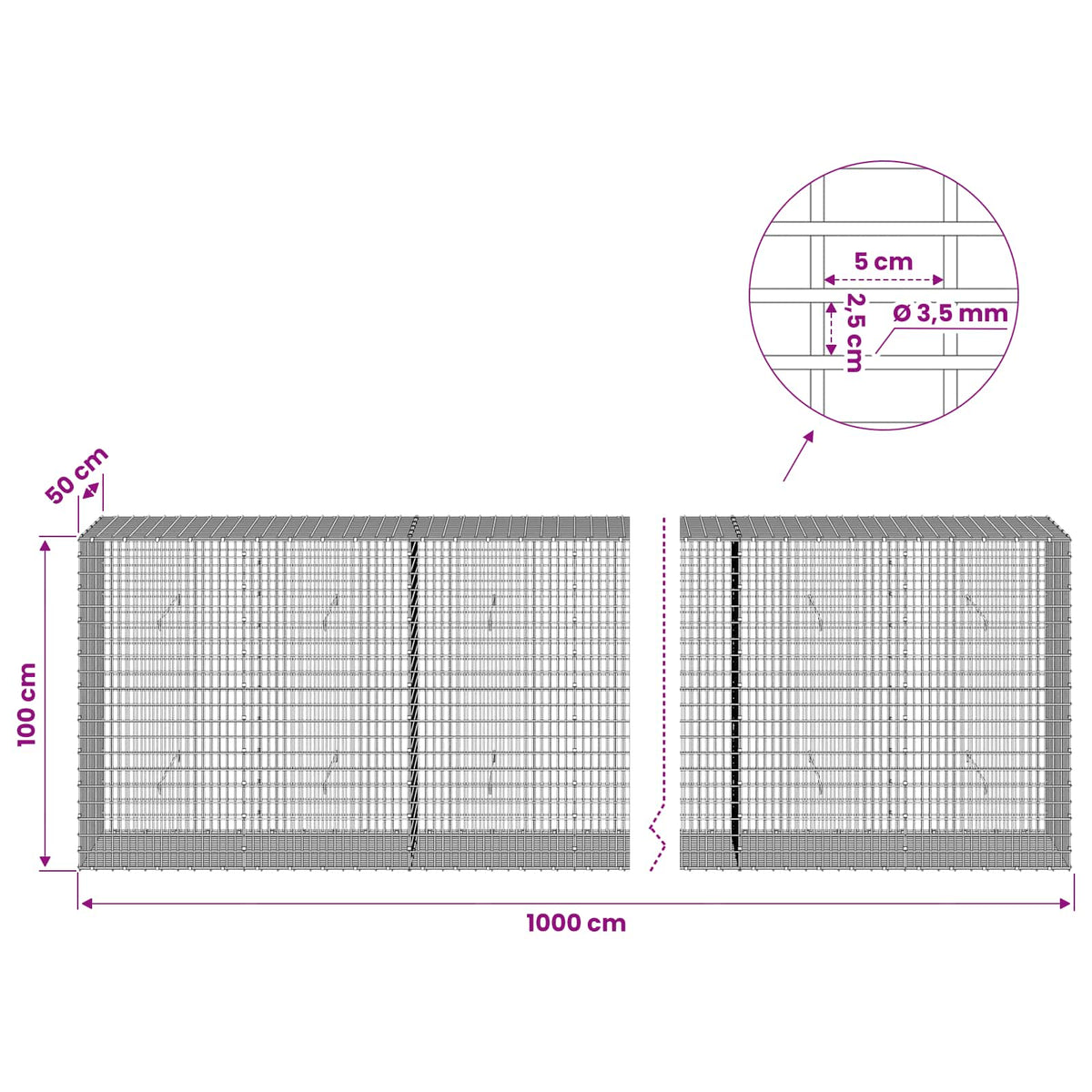Gabion with 3.5 mm Wire and 5x2.5 cm Mesh 1000x50x100 cm