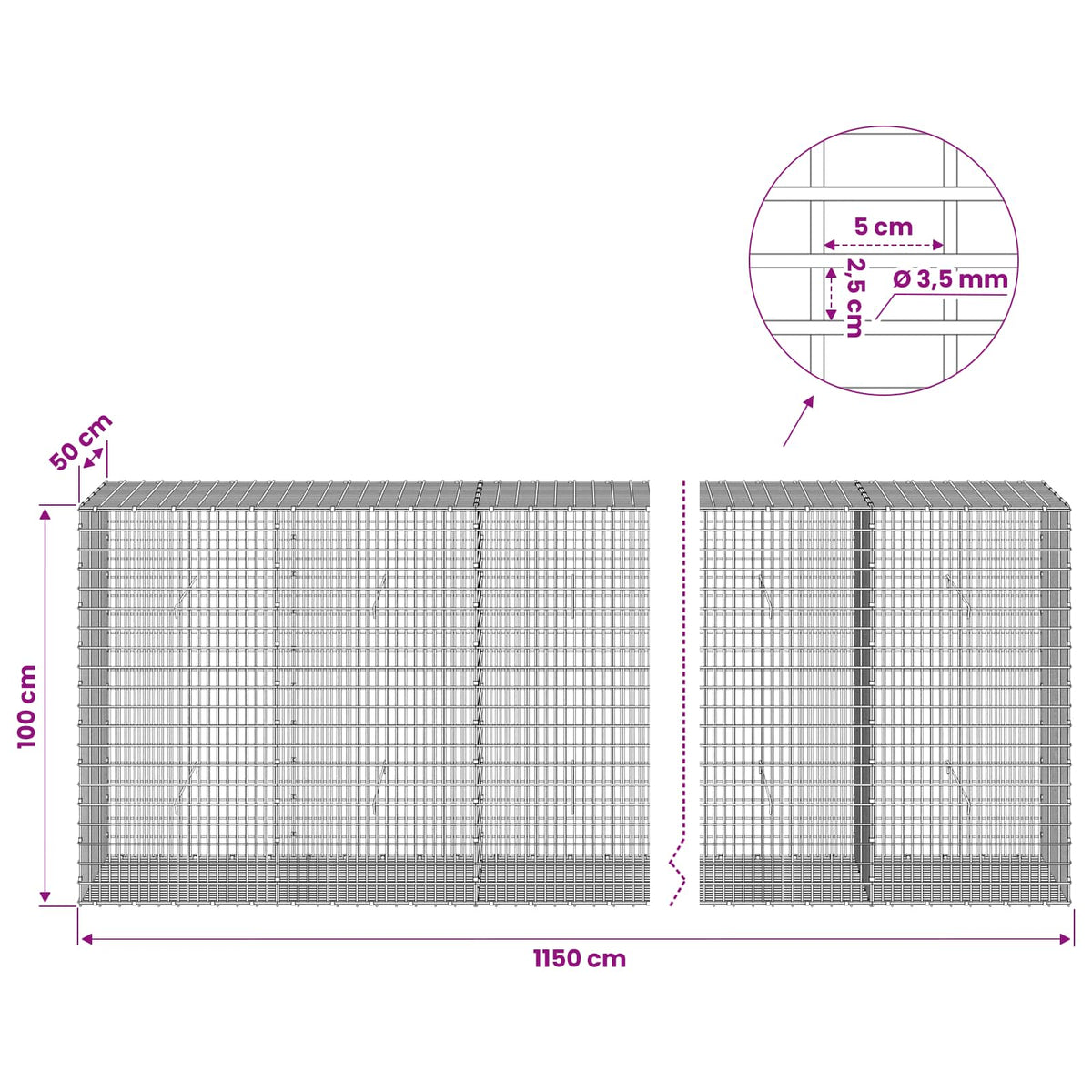 Gabion with 3.5 mm Wire and 5x2.5 cm Mesh 1150x50x100 cm