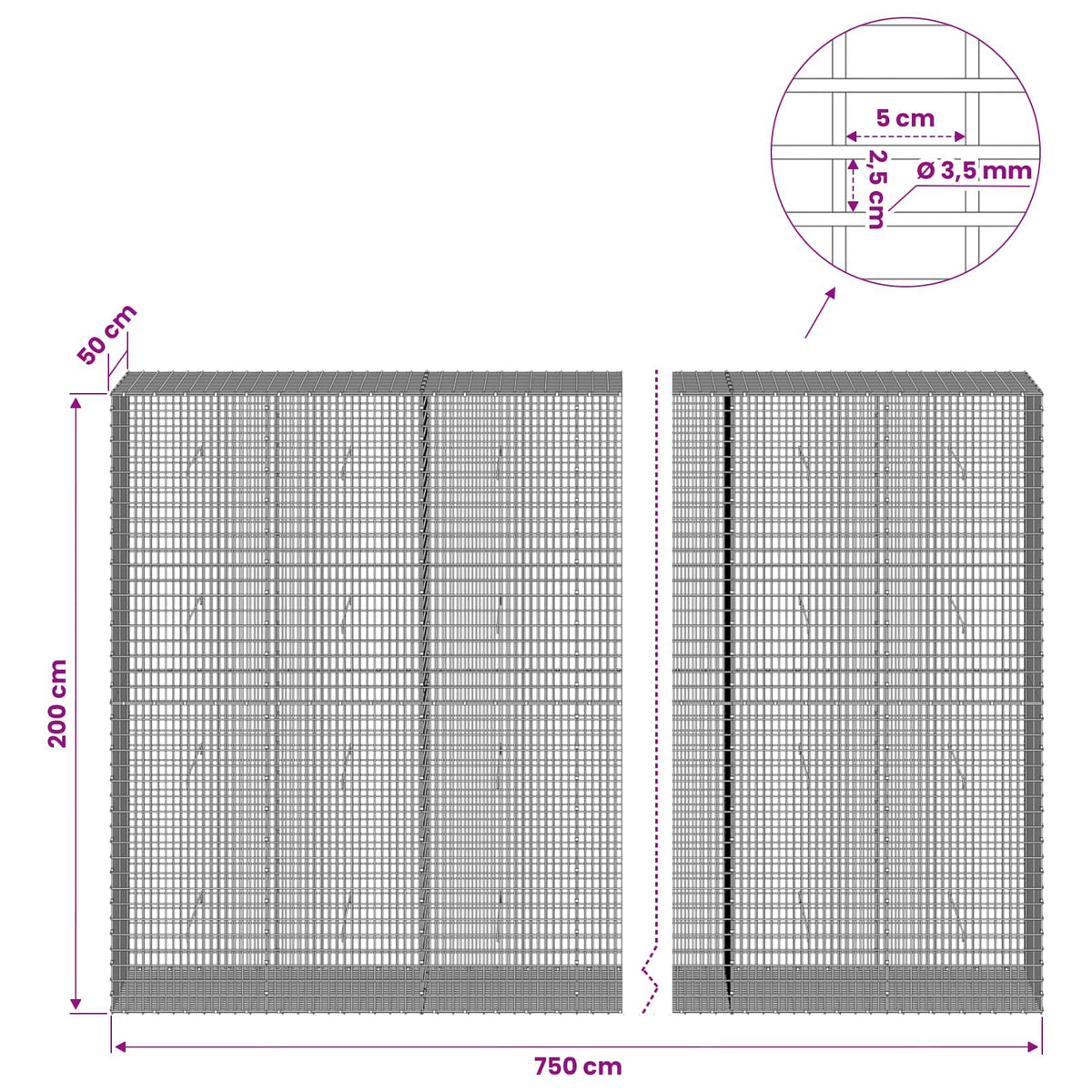 Gabion with 3.5 mm Wire and 5x2.5 cm Mesh 750x50x200 cm