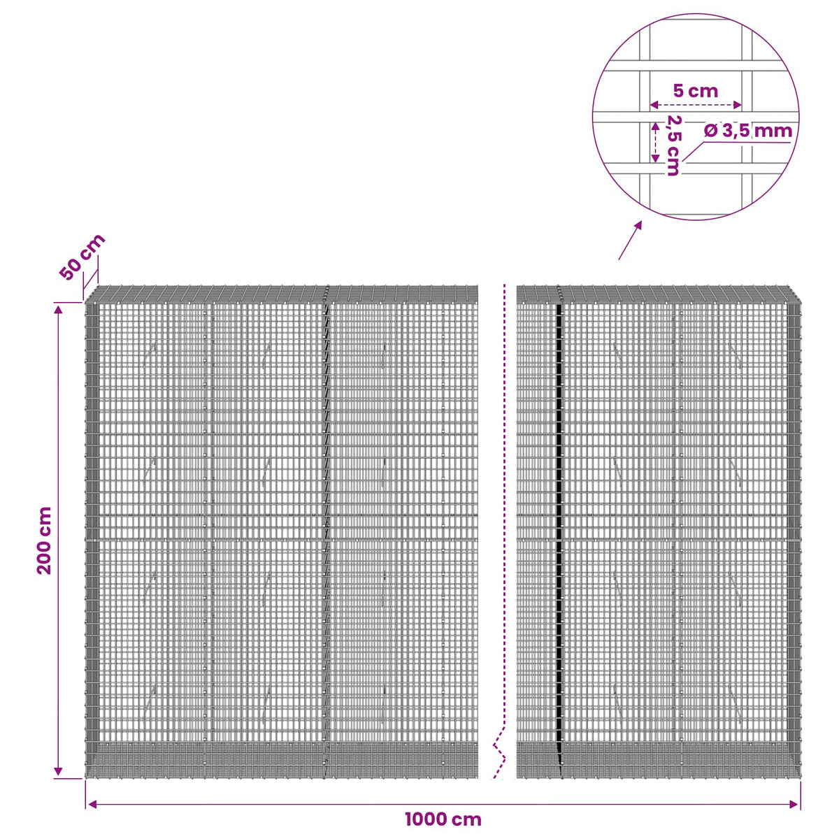 Gabion with 3.5 mm Wire and 5x2.5 cm Mesh 1000x50x200 cm
