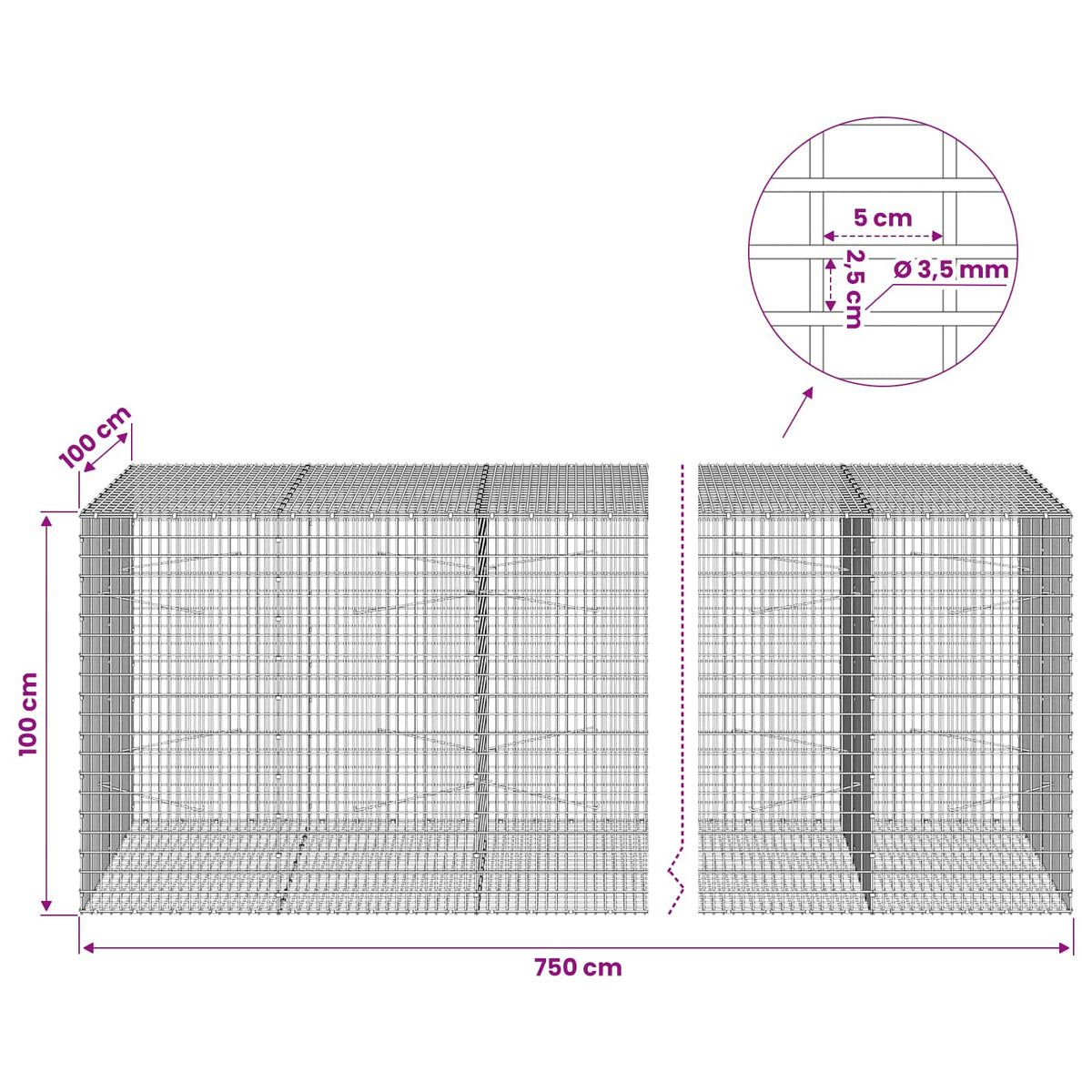 Gabion with 3.5 mm Wire and 5x2.5 cm Mesh 750x100x100 cm