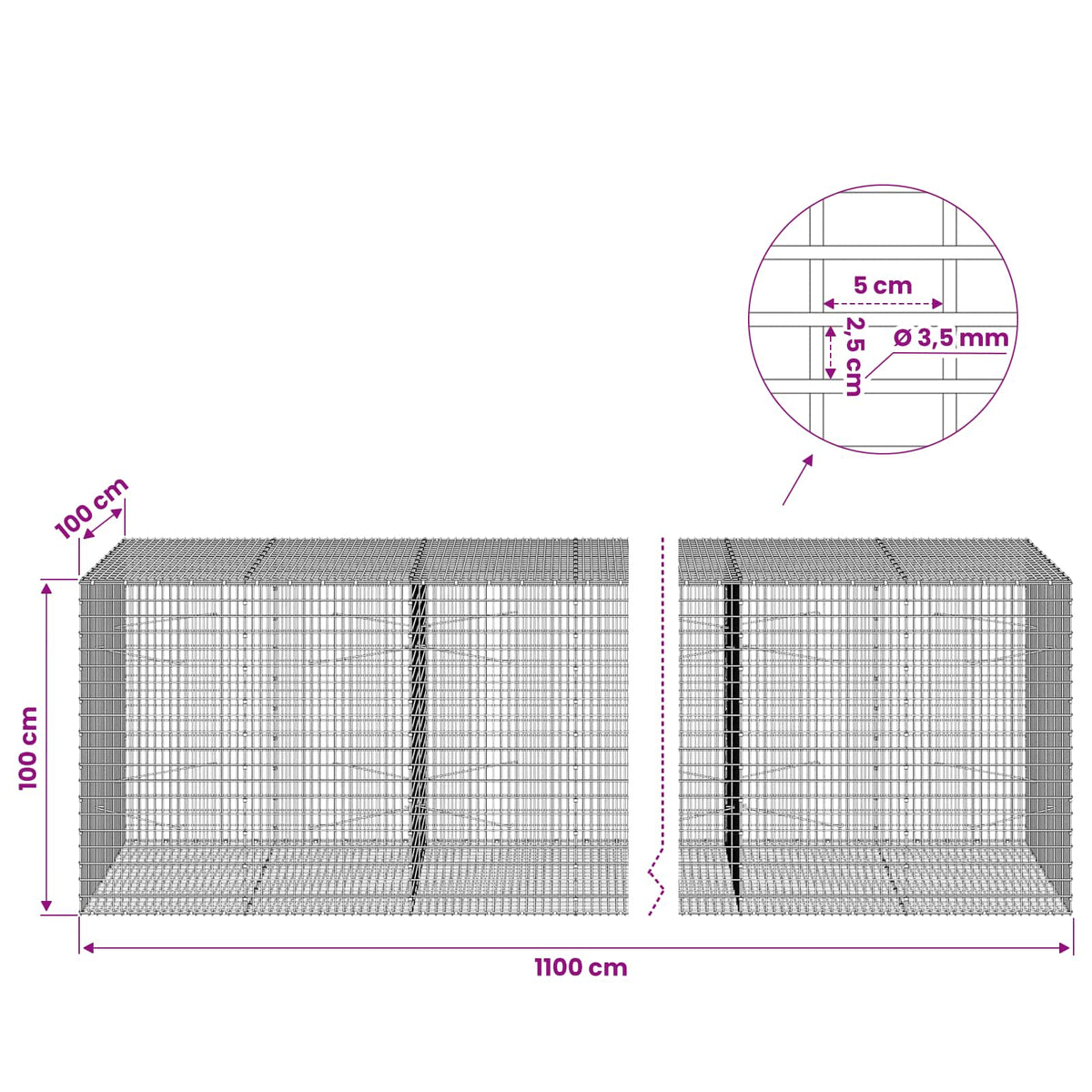 Gabion with 3.5 mm Wire and 5x2.5 cm Mesh 1100x100x100 cm